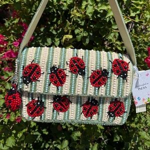 NWT Made in India Ladybug Green Cream White Striped Spring Summer Beaded Bag